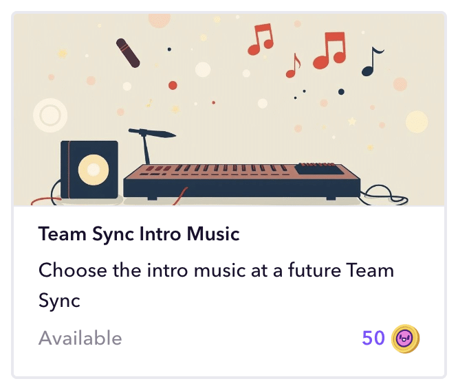 A reward card titled “Team Sync Intro Music” featuring an illustration of a keyboard synthesizer, speaker, and microphone with colorful music notes floating above. The card text reads: “Choose the intro music at a future Team Sync.” It is labeled as “Available” and costs 50 points, indicated by a purple number and Donuts Shoutouts coin.
